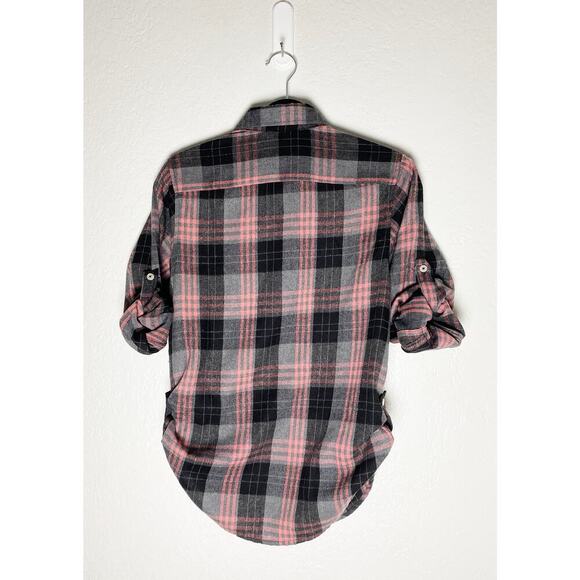 Design In Italy Luxury Women's Plaid Flannel Pink Gray Button Up Roll Tab Sleeve - Picture 3 of 12